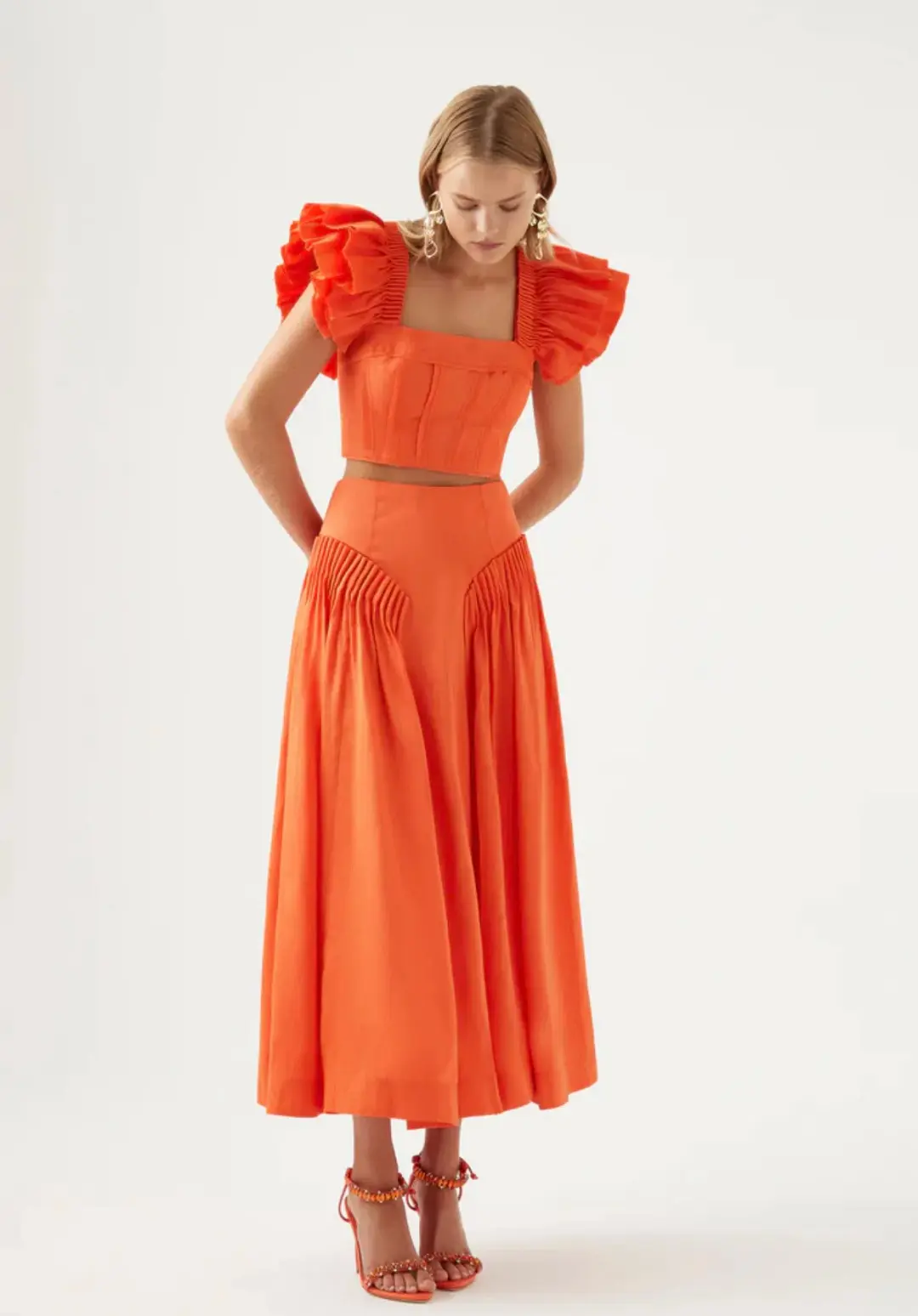 Aje Imagination Frill Sleeve Top and Yves Midi Skirt Set Orange Size 8 / S for rent on The Volte - main image