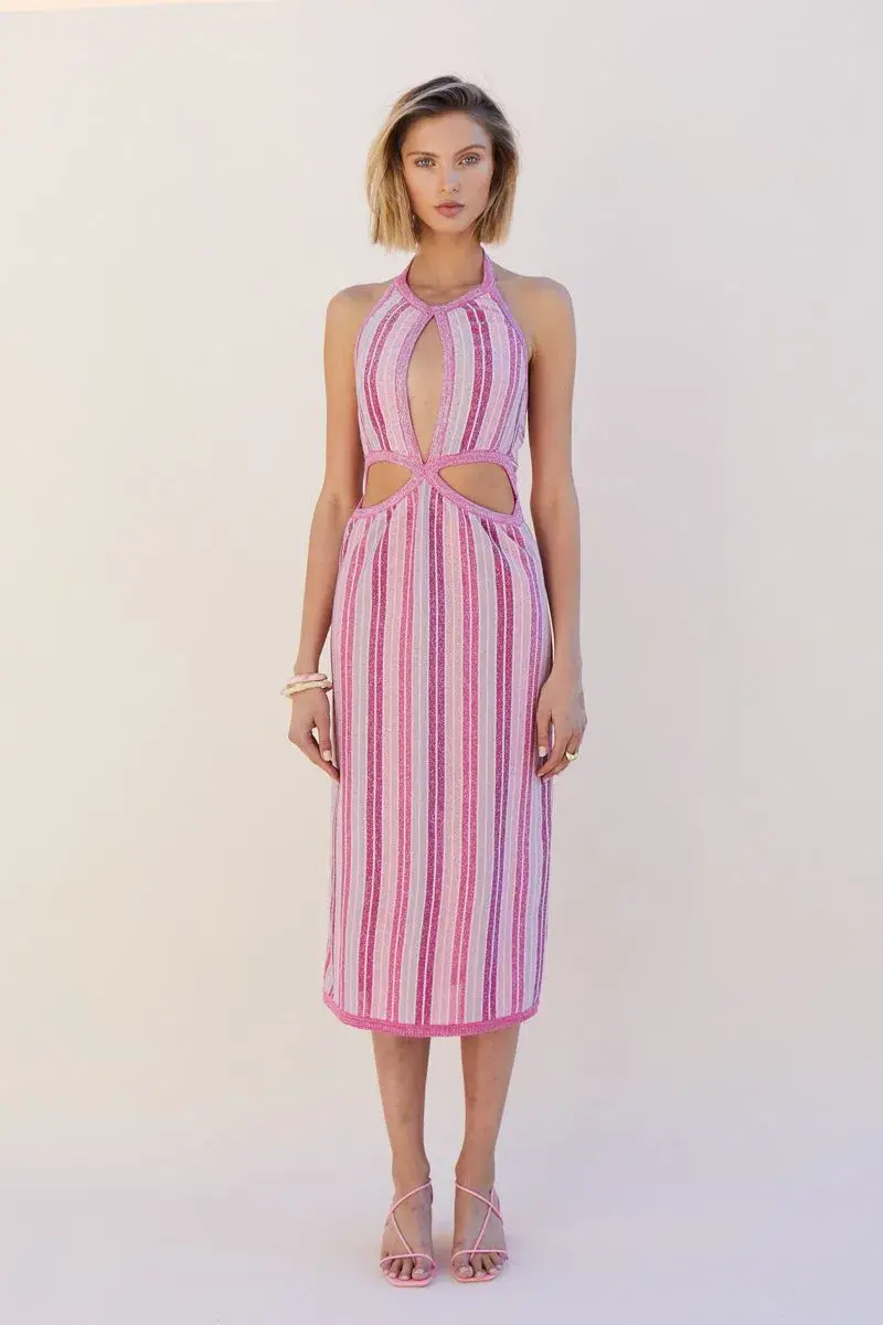 Suboo Fuchsia Metallic Beck Halter Cut Out Dress Size M/ AU 10 for rent on The Volte - main image