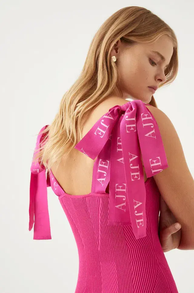 Aje Amber Knit Tie Shoulder Mini Dress Pink Size XXS / AU 4 for rent on The Volte - main image