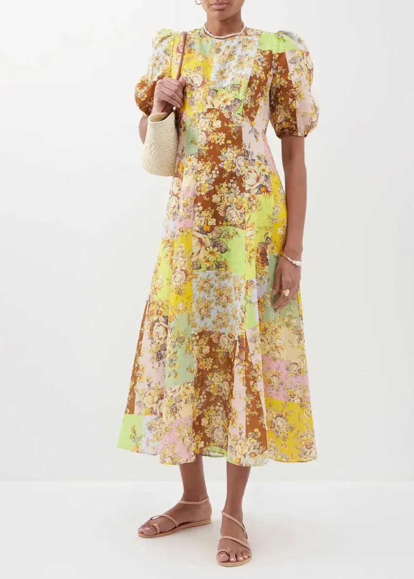 Alemais Matilde Patchwork Linen Midi Dress Floral Print Size 8 for rent on The Volte - main image