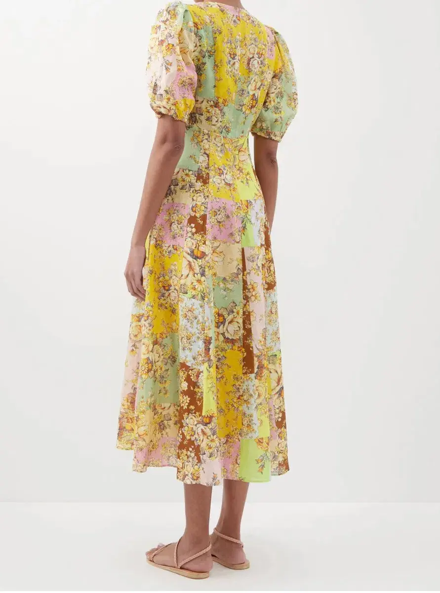 Alemais Matilde Patchwork Linen Midi Dress Floral Print Size 8 for rent on The Volte - main image