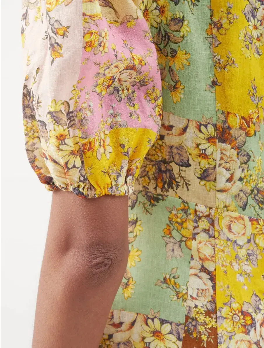 Alemais Matilde Patchwork Linen Midi Dress Floral Print Size 8 for rent on The Volte - main image