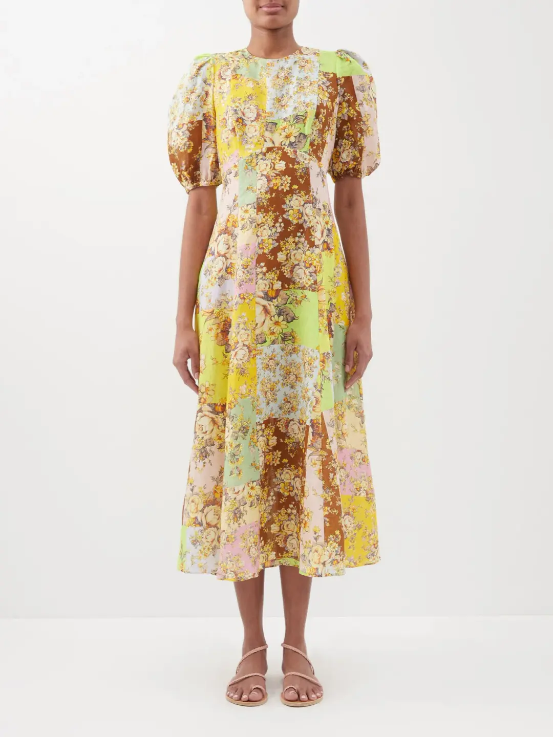 Alemais Matilde Patchwork Linen Midi Dress Floral Print Size 8 for rent on The Volte - main image