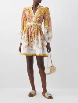 Zimmermann Pattie Plunge Mini Dress Mustard Floral Size 3/Au 14