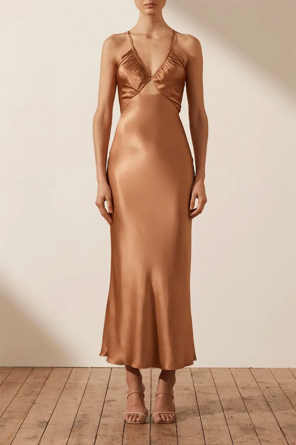 Shona Joy La Lune Ruched Bodice Midi Dress Copper Size 8 / S for rent on The Volte - main image