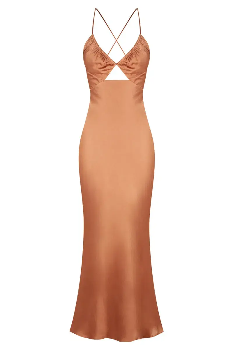 Shona Joy La Lune Ruched Bodice Midi Dress Copper Size 8 / S for rent on The Volte - main image