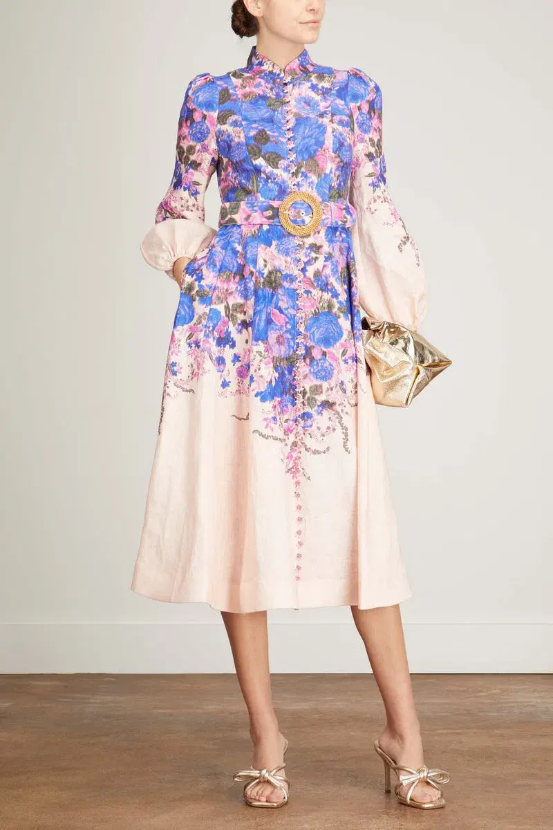 Zimmermann High Tide Buttoned Midi Dress Purple Ikat Floral Size 2 / Au 12 for rent on The Volte - main image