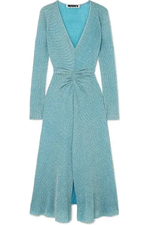 Rotate by Birger Christensen Gathered Metallic Stretch-Knit Dress Blue Size 8 for rent on The Volte - main image