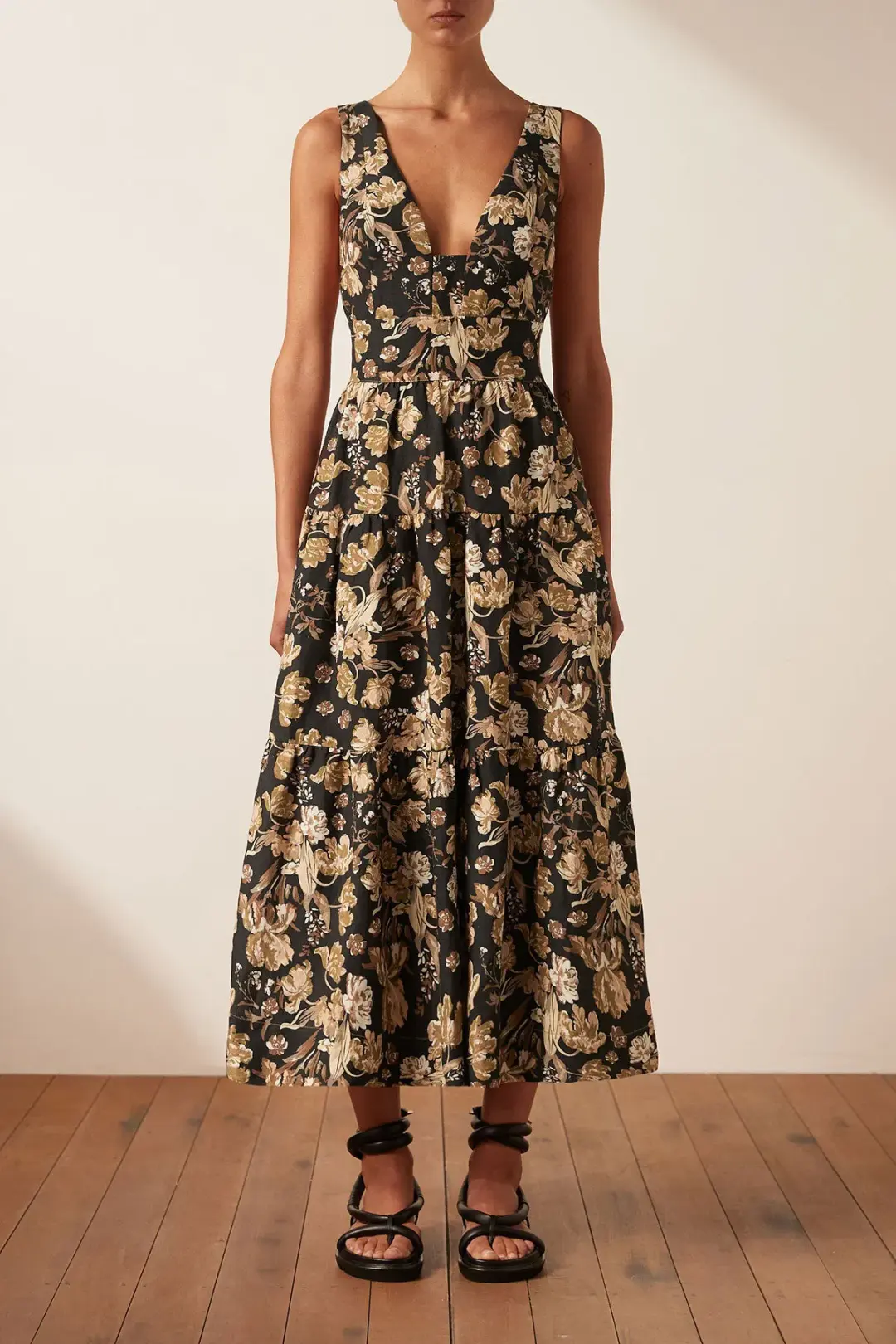 Shona Joy Palermo Linen Plunged Low Back Midi Dress Floral Size 10 for rent on The Volte - main image