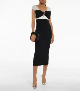 Self Portrait Crepe Crystal Bow Midi Dress Black/White Size 6