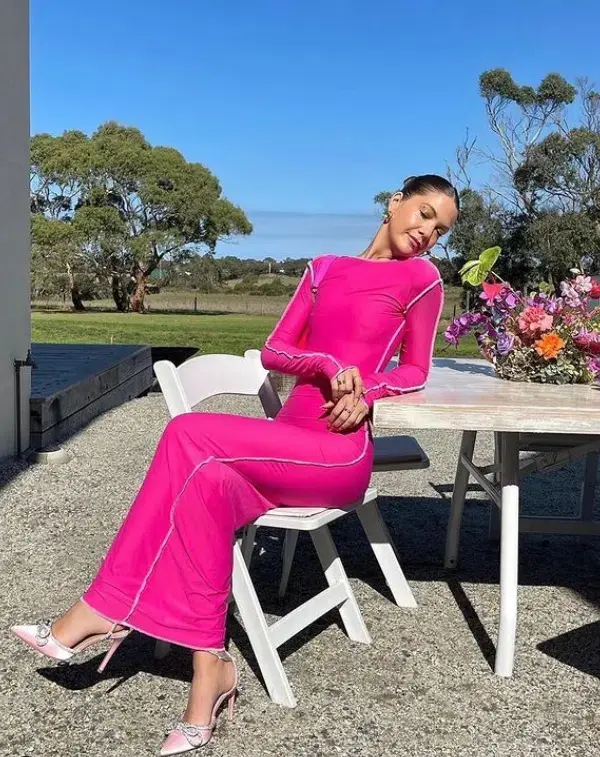 Odysseus & Penelope Neon Pink Contrast Maxi Dress Pink Size AU 6 for rent on The Volte - main image