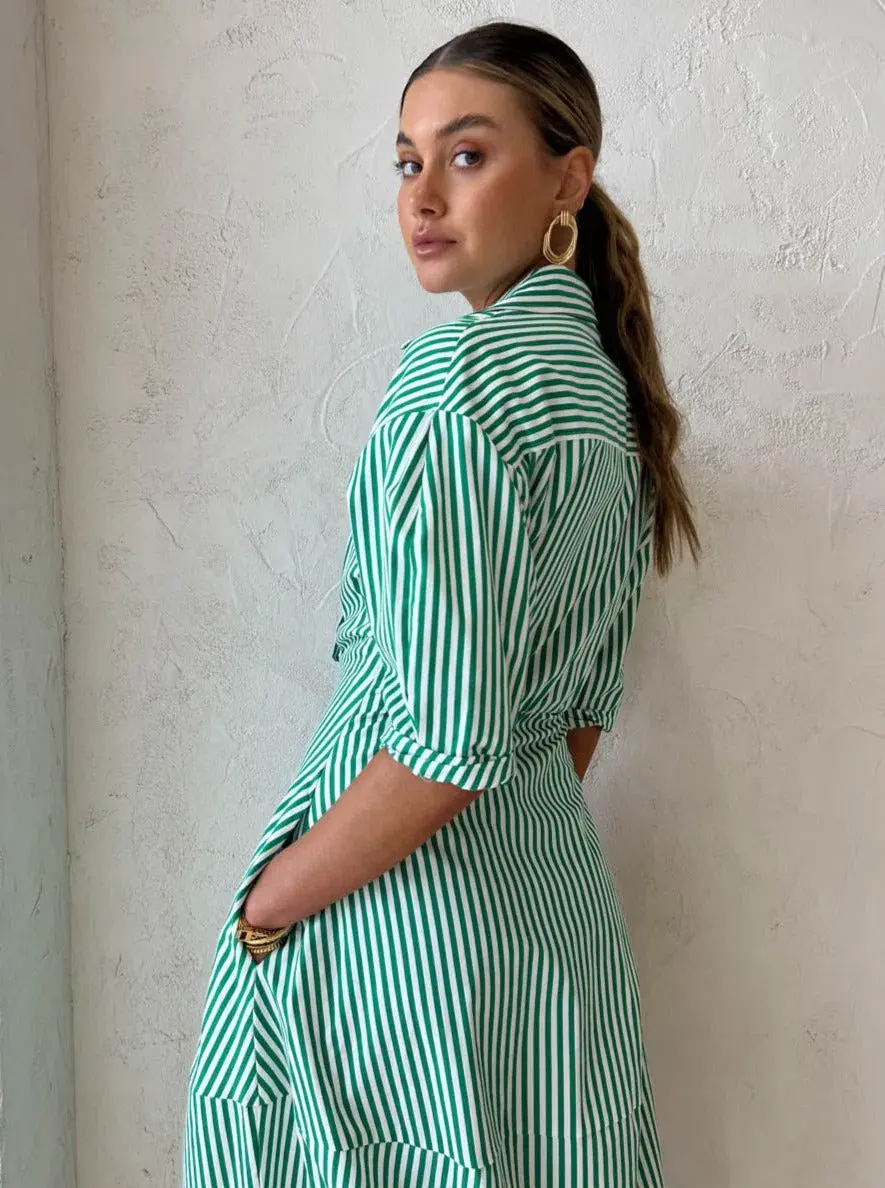 Camilla and Marc Flynn Cocoon Dress Sage and White Stripe Print Size 14 for rent on The Volte - main image