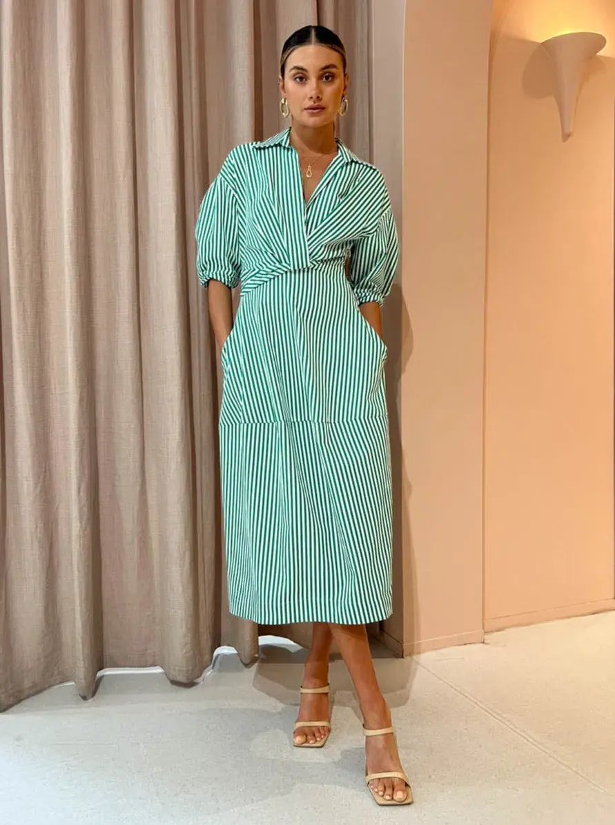 Camilla and Marc Flynn Cocoon Dress Sage and White Stripe Print Size 14 for rent on The Volte - main image