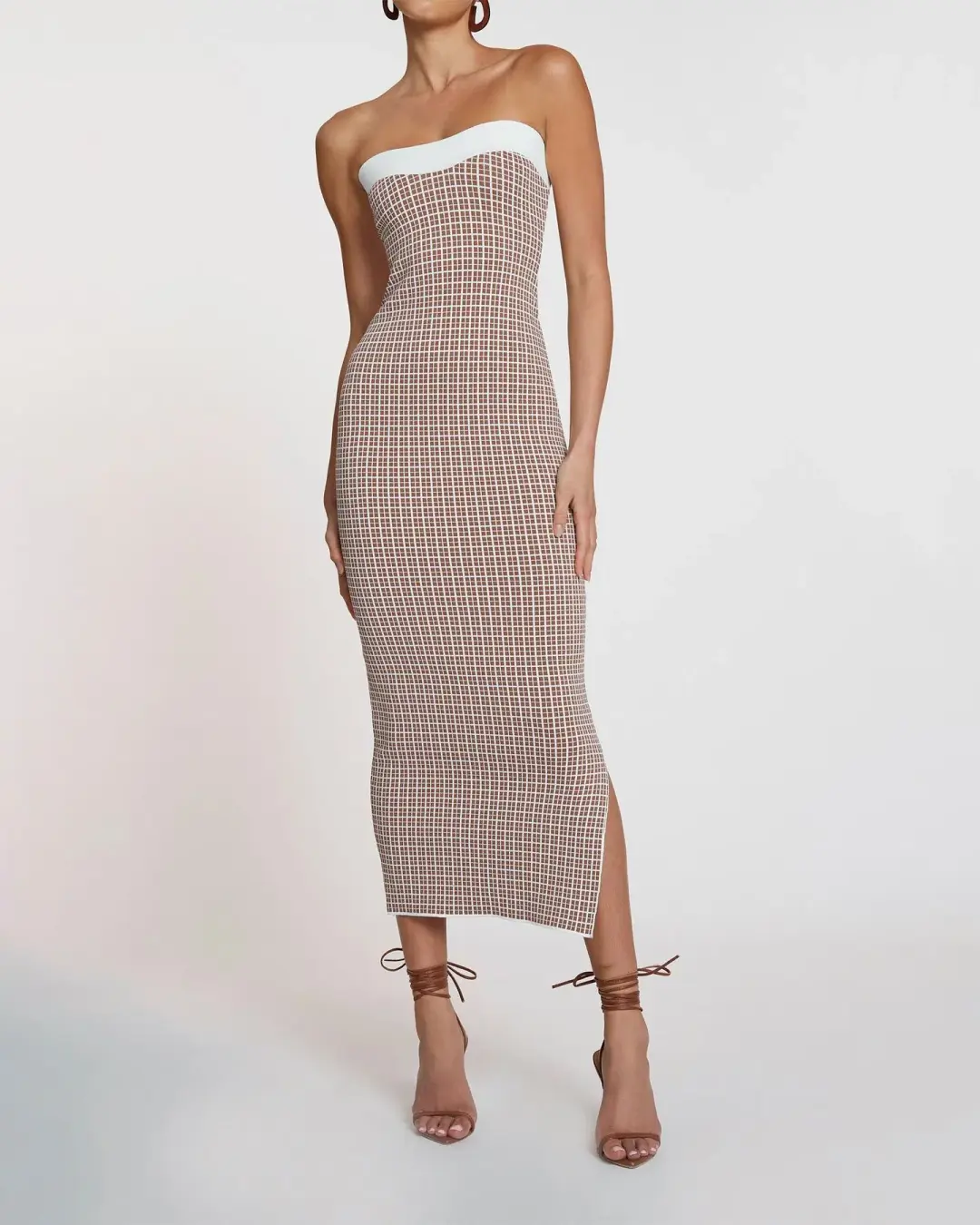 By Johnny Isabella Check Knit Strapless Dress Brown & Ivory Size 10 for rent on The Volte - main image