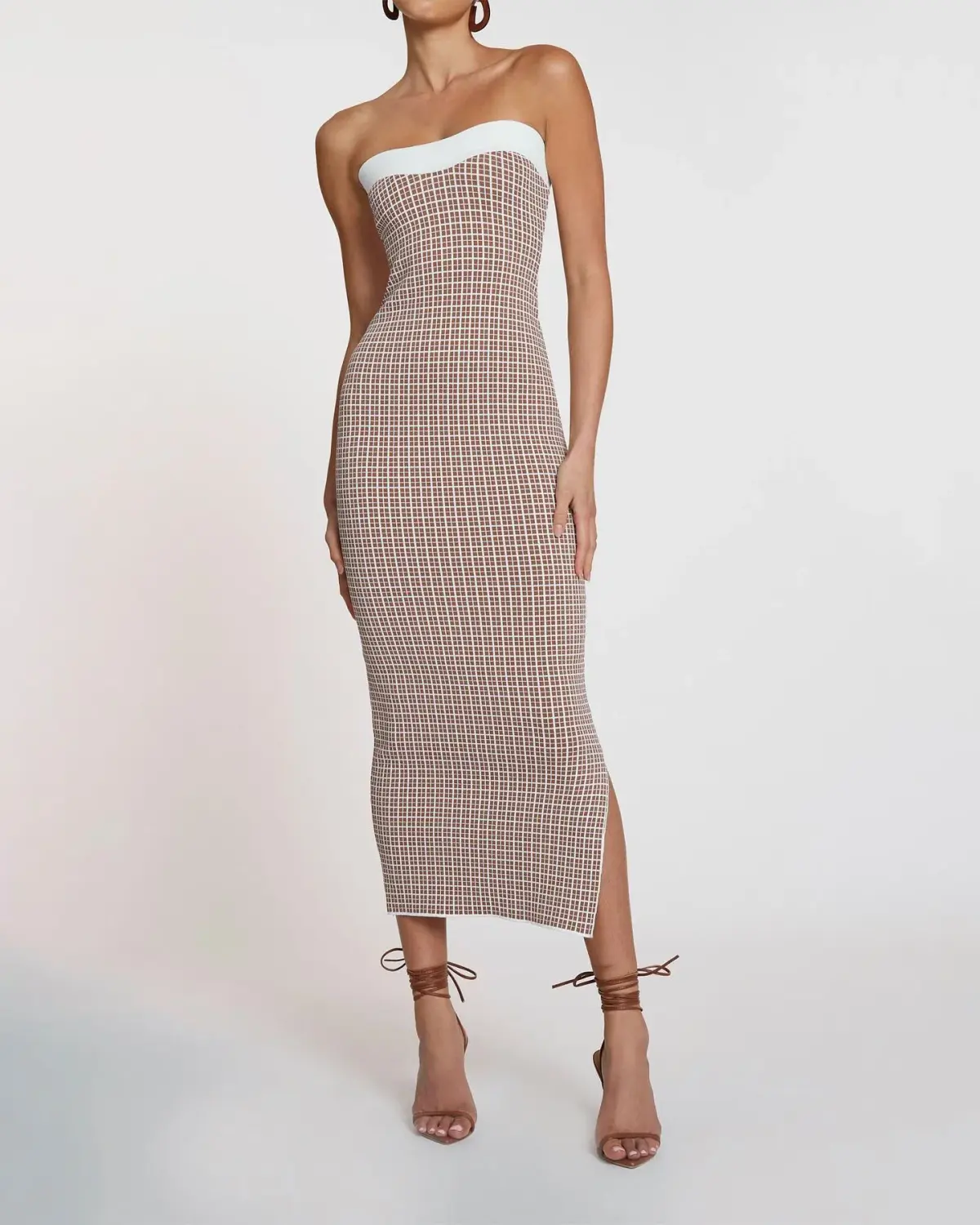 By Johnny Isabella Check Knit Strapless Dress Brown & Ivory Size 10 - Image 1