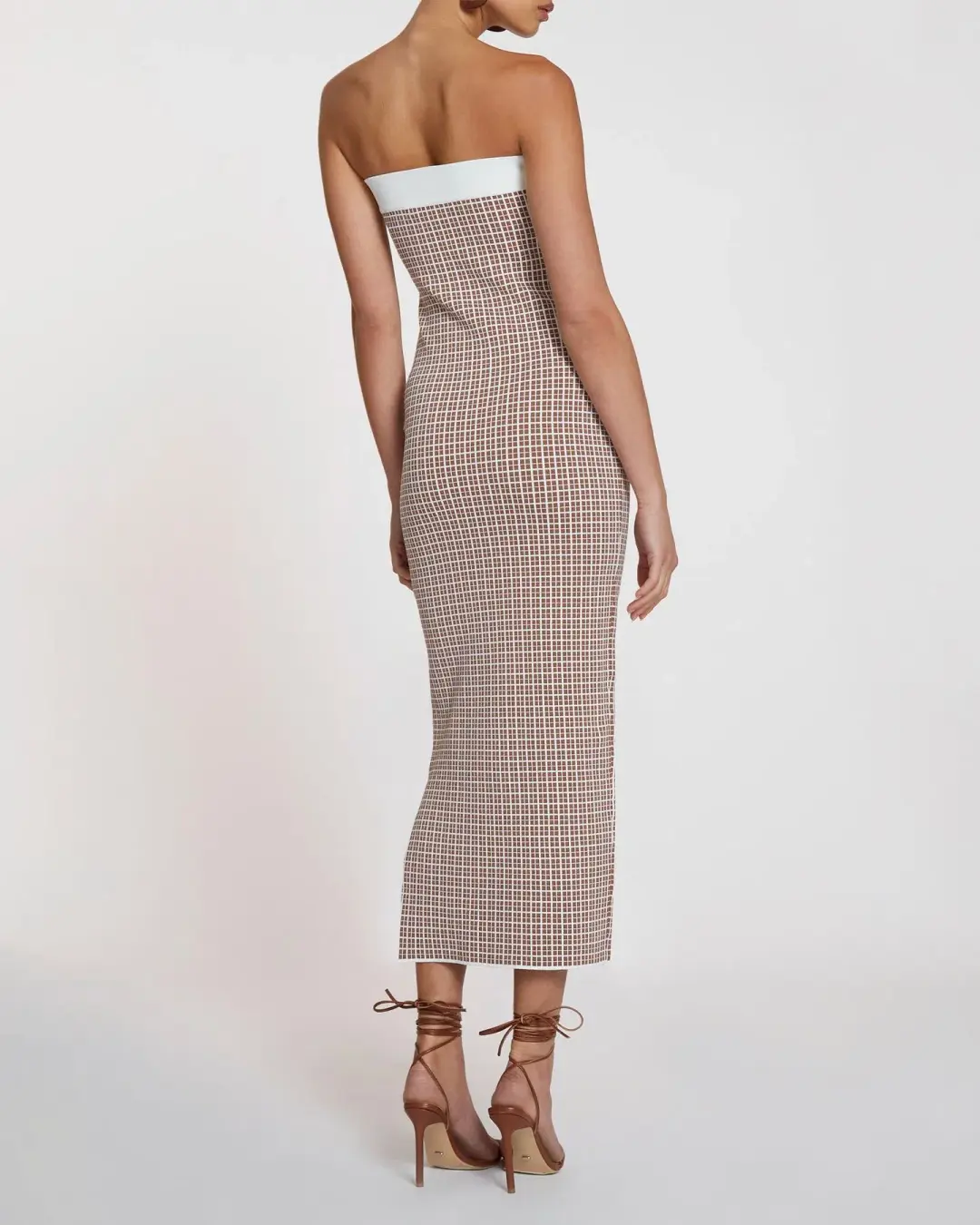 By Johnny Isabella Check Knit Strapless Dress Brown & Ivory Size 10 for rent on The Volte - main image