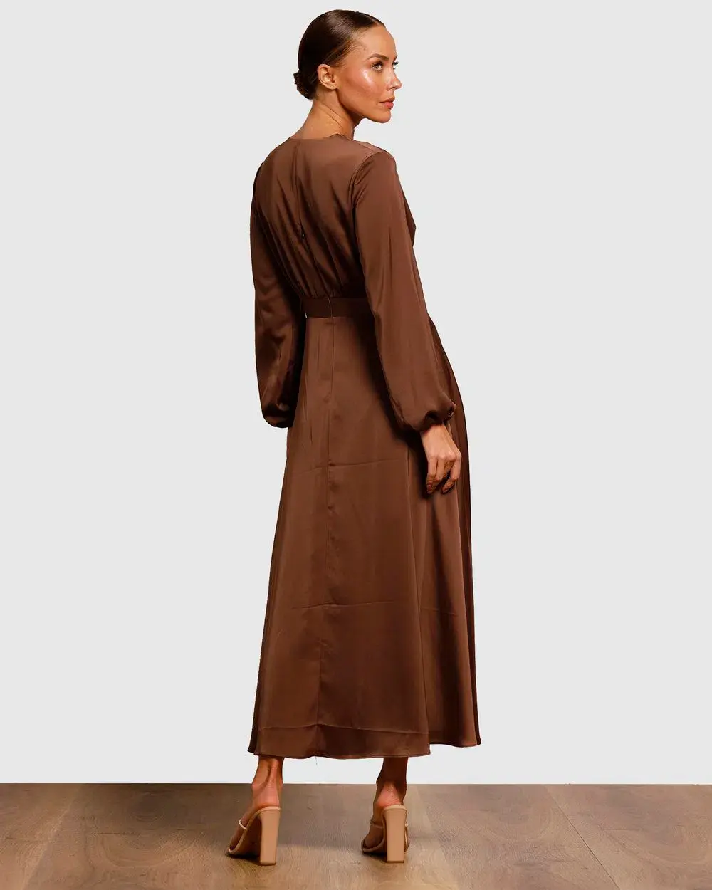 Pasduchas Cherish Tie Midi Dress Chocolate Brown Size 8 for rent on The Volte - main image