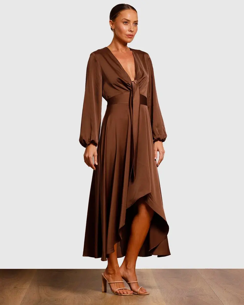 Pasduchas Cherish Tie Midi Dress Chocolate Brown Size 8 for rent on The Volte - main image