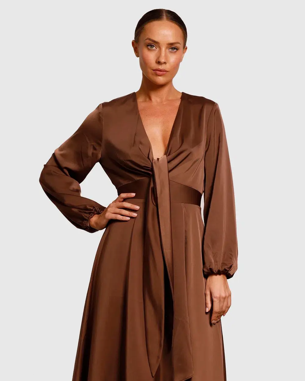 Pasduchas Cherish Tie Midi Dress Chocolate Brown Size 8 for rent on The Volte - main image