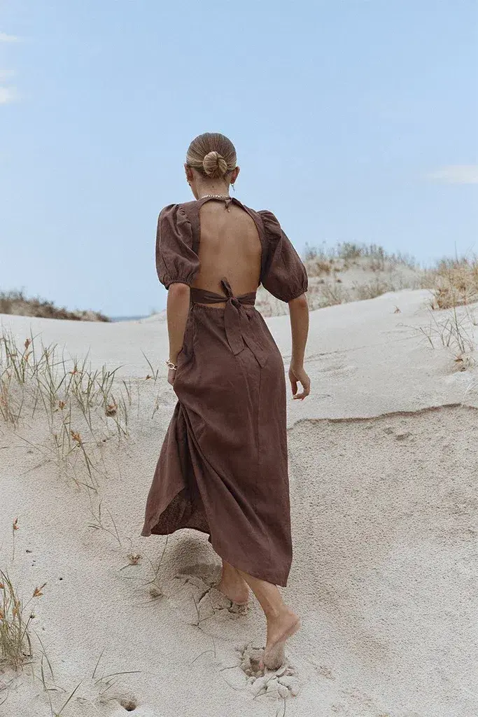 Dissh Remi Linen Midi Dress Chocolate Size 6 for rent on The Volte - main image