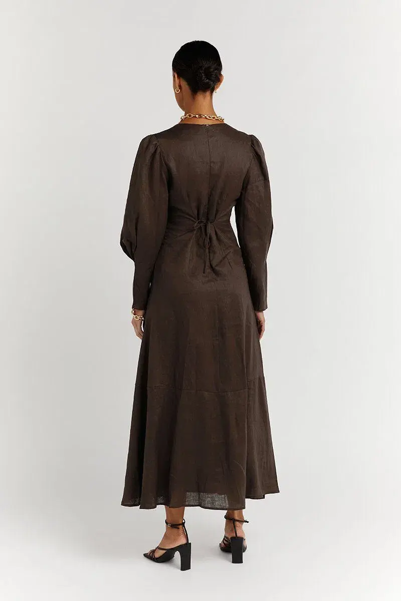 DISSH Wynn Dark Choc Linen Midi Dress Brown Size 8 for rent on The Volte - main image