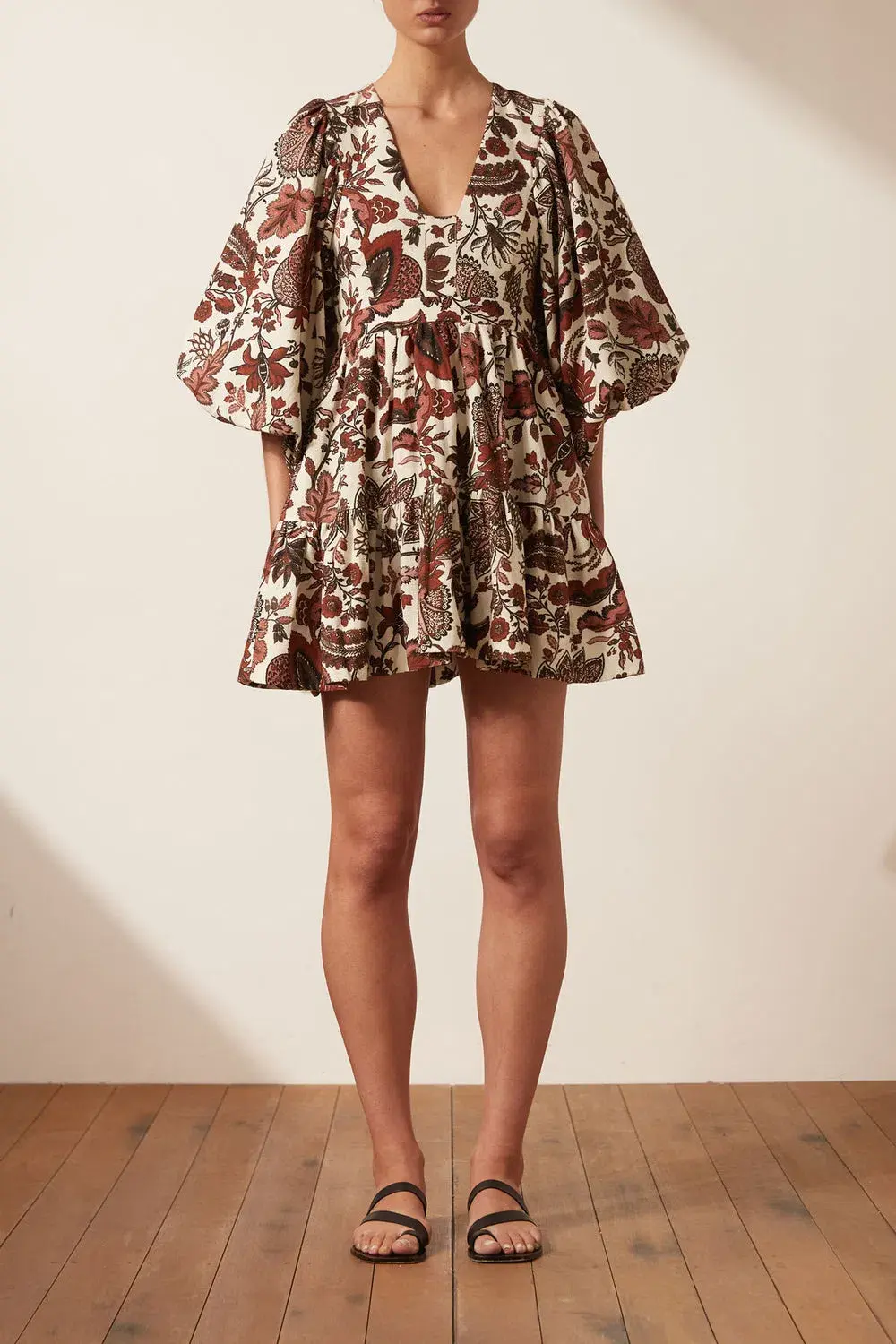 Shona Joy Catalina Plunged Neck Balloon Sleeve Mini Dress Print Size 8 - Image 1