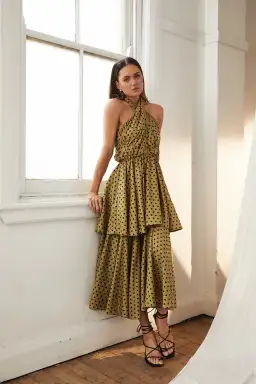 Mon Renn Roselyn Midi Dress Green Polka Dot Print Size 10