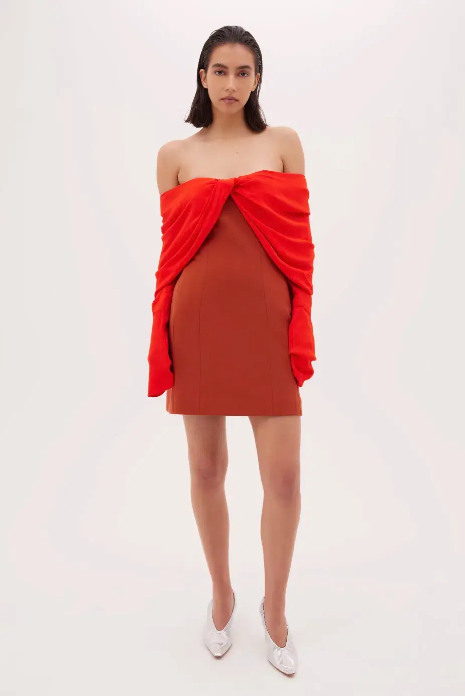 Bianca Spender Crepe Jean Dress Brick Red Size 12 for rent on The Volte - main image