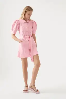 Aje Flora Denim Puff Sleeve Mini Dress Pink Size 8