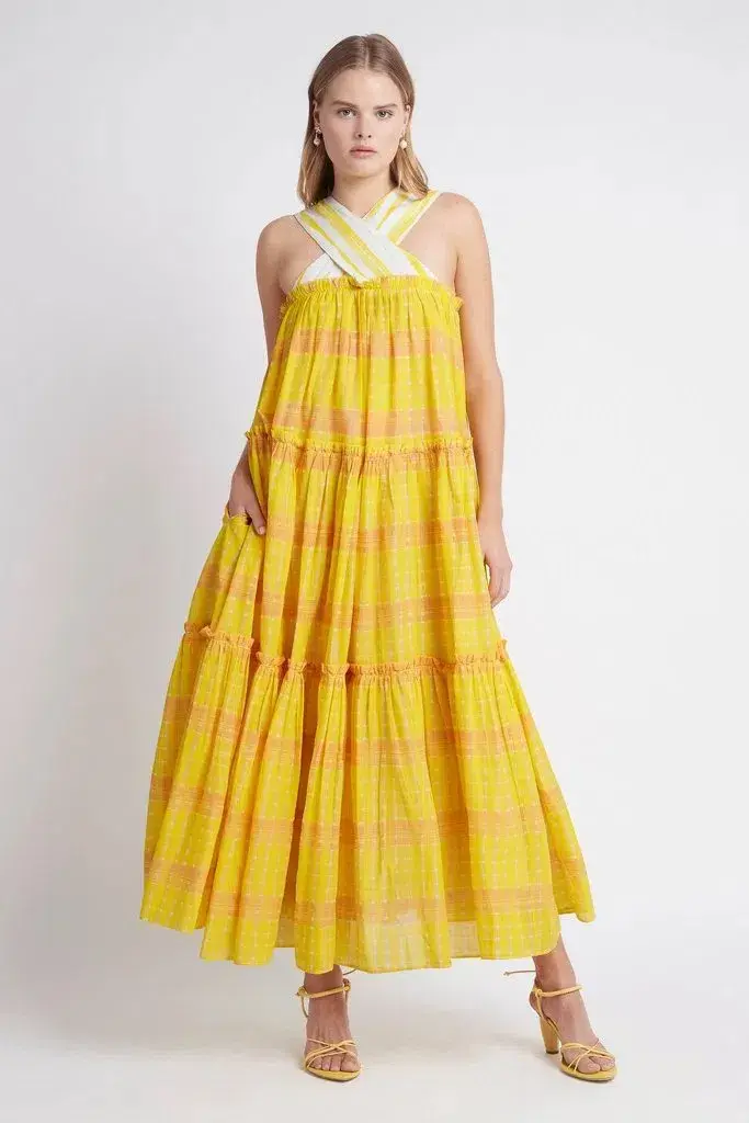 Aje Wilderness Tiered Maxi Dress Yellow Multi Size 10 - Image 1