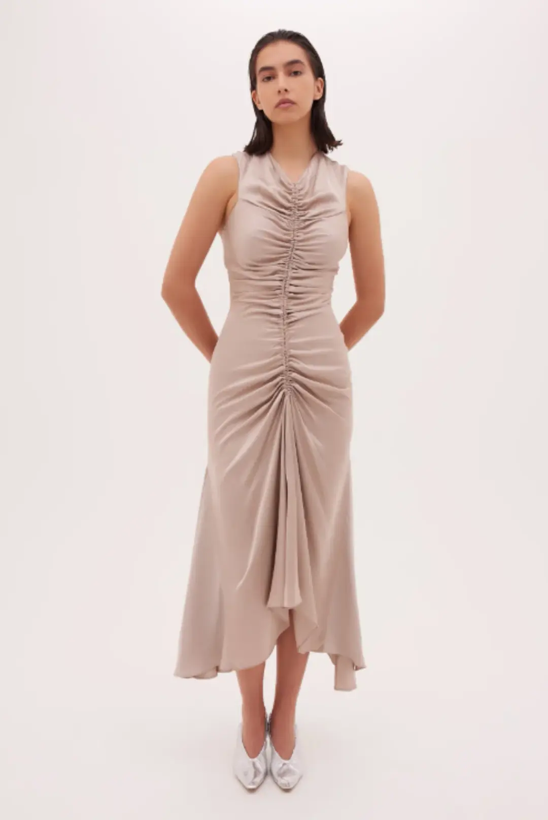 Bianca Spender Sand Satin Meret Dress Nude Size 2/ Au 10 for rent on The Volte - main image
