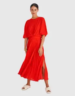 Oroton Pleated Midi Dress Red Size 6