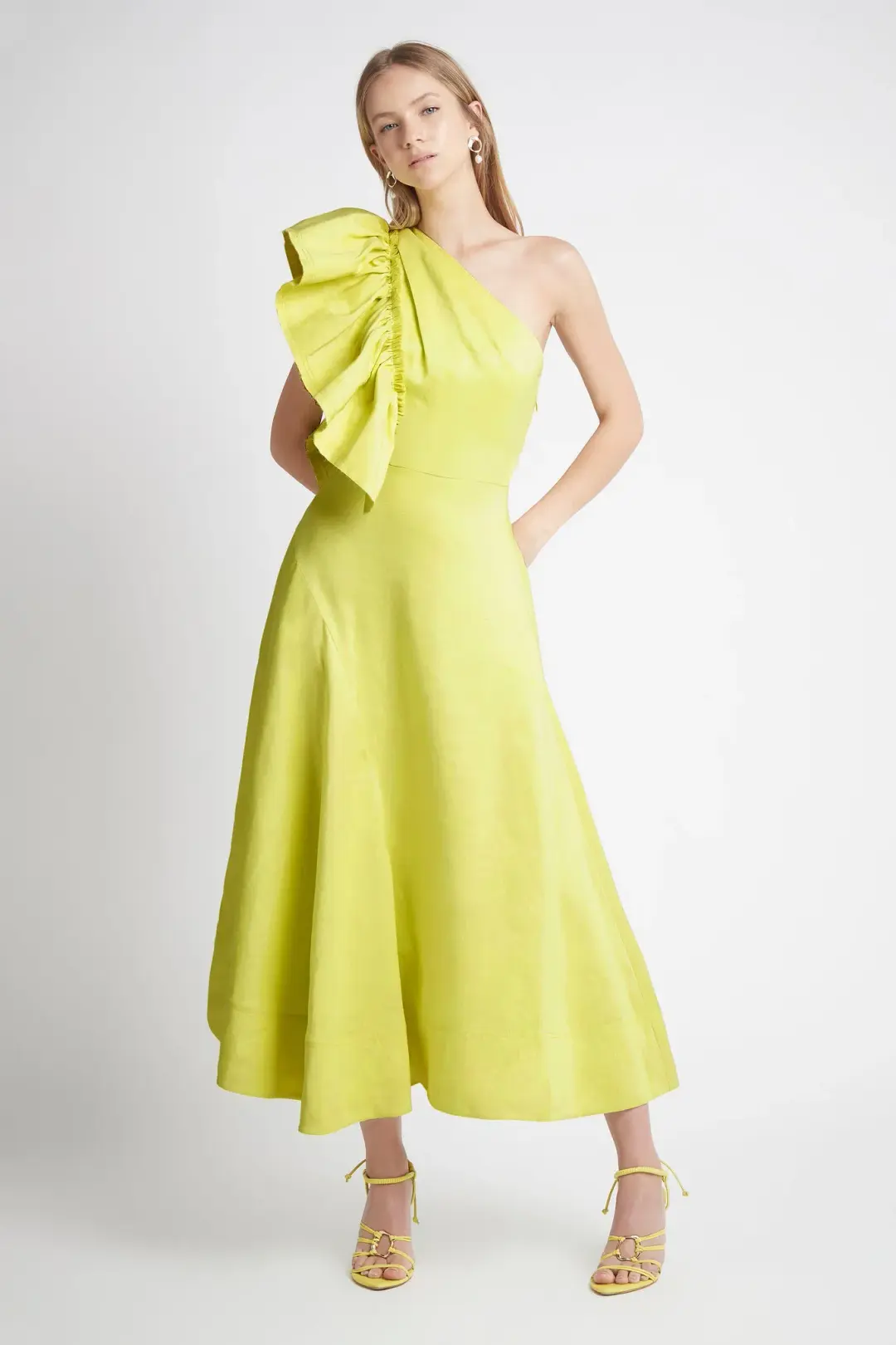 Aje Bonjour Asymmetric Midi Dress Lime Green Size 8 / S for rent on The Volte - main image