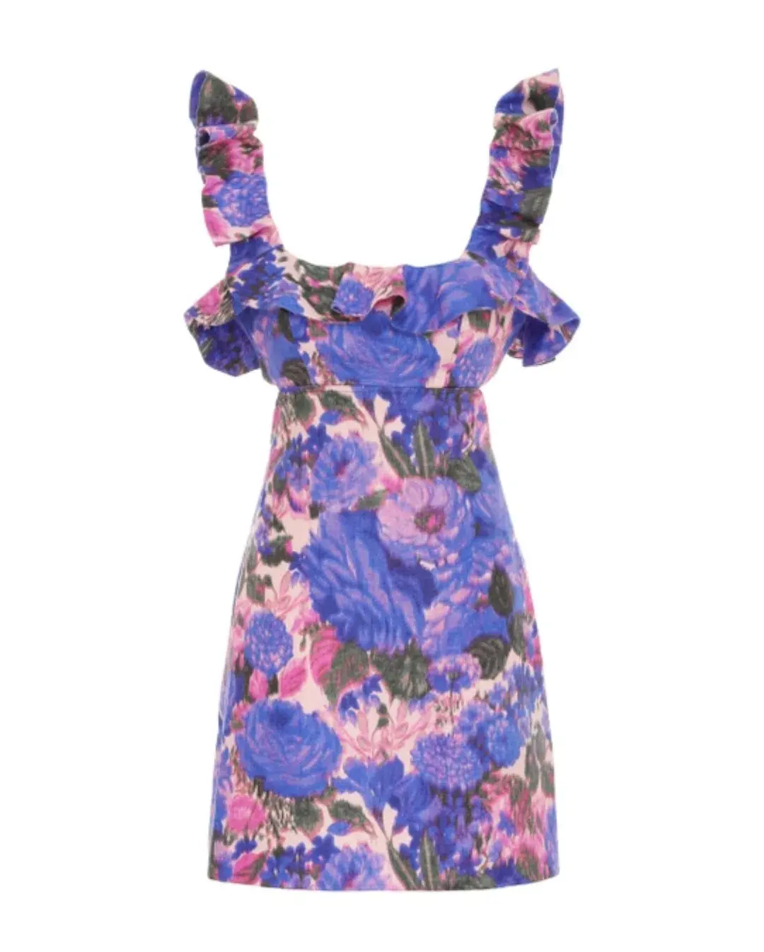 Zimmermann High Tide Frilled Mini Dress Purple Ikat Floral Size 0 / Au 8 for rent on The Volte - main image