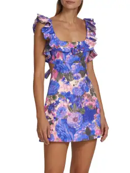 Zimmermann High Tide Frilled Mini Dress Purple Ikat Floral Size 0 / Au 8 for rent on The Volte - image 2