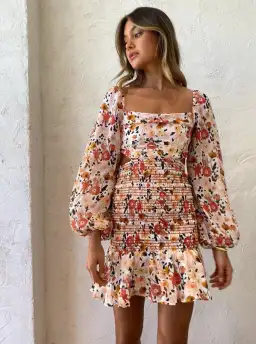 New Romantics Sylvia Long Sleeve Shirred Mini Dress in Botany Size 10 for rent on The Volte - image 2