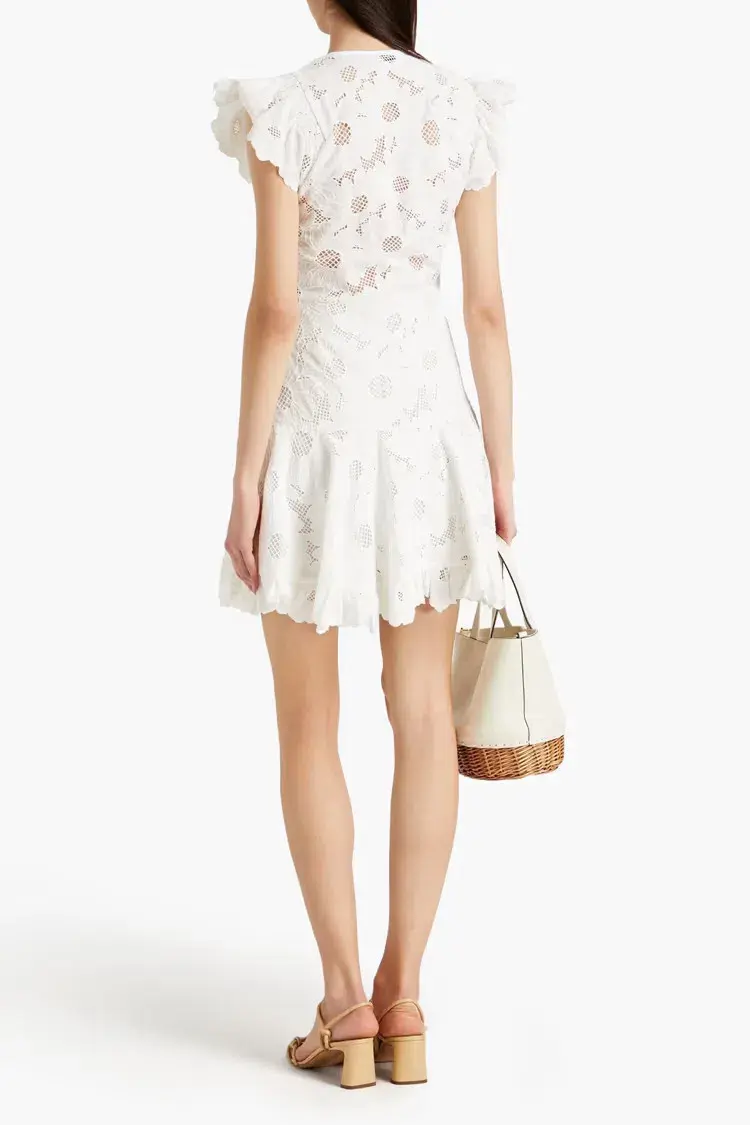 Sandro Brasilia Ruched Broderie Anglaise Cotton Mini Dress White Size 2 / M for rent on The Volte - main image