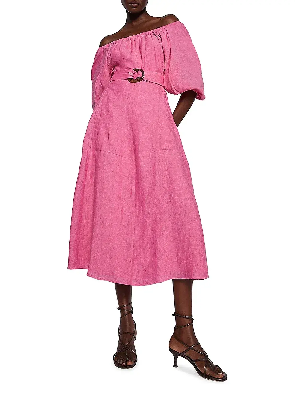 Scanlan Theodore Italian Linen Gathered Midi Dress Pink Size 10 for rent on The Volte - main image