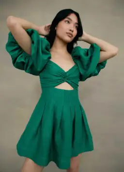 Aje Dusk Knot Puff Sleeve Mini Dress Emerald Green Size 8 for rent on The Volte - image 1