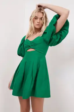 Aje Dusk Knot Puff Sleeve Mini Dress Emerald Green Size 8 for rent on The Volte - image 3