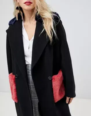 Helene Berman Double Breasted Coat With Contrast Faux Fur Pockets Multi Size 8 - Image 2