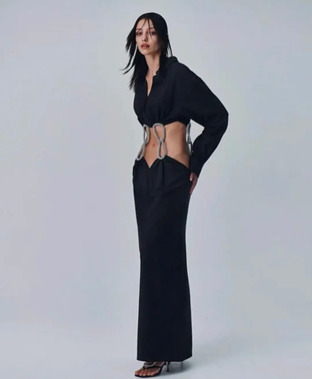 Christopher Esber Pendulant Crystal Linked Long Sleeve Dress Black Size 6 for rent on The Volte - main image