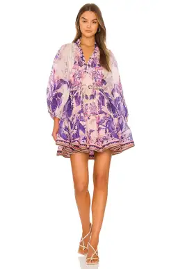 Zimmermann Lyre Billow Mini Dress in Purple Palm Print Size 0 / Au 8 for rent on The Volte - image 1