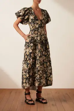 Shona Joy Linen Plunged Short Sleeve Midi Dress Palermo Print Size 12 for rent on The Volte - image 2