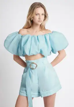 Aje Riviera Off Shoulder Tube Silk Top Size 6 and Braided Silk Short Size 10 Set Ice Blue for rent on The Volte - image 2