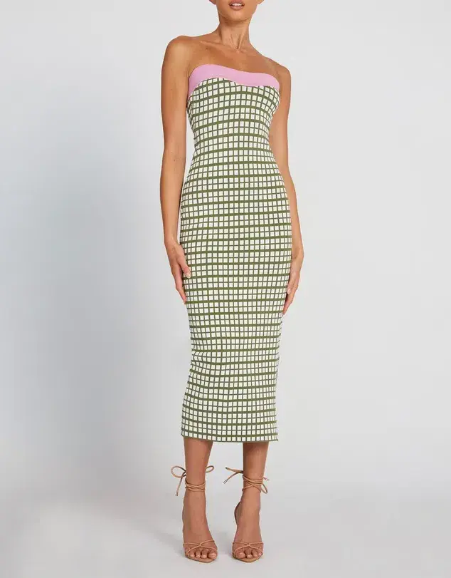 By Johnny Isabella Check Strapless Knit Dress Army Pink Size 6 - Image 1