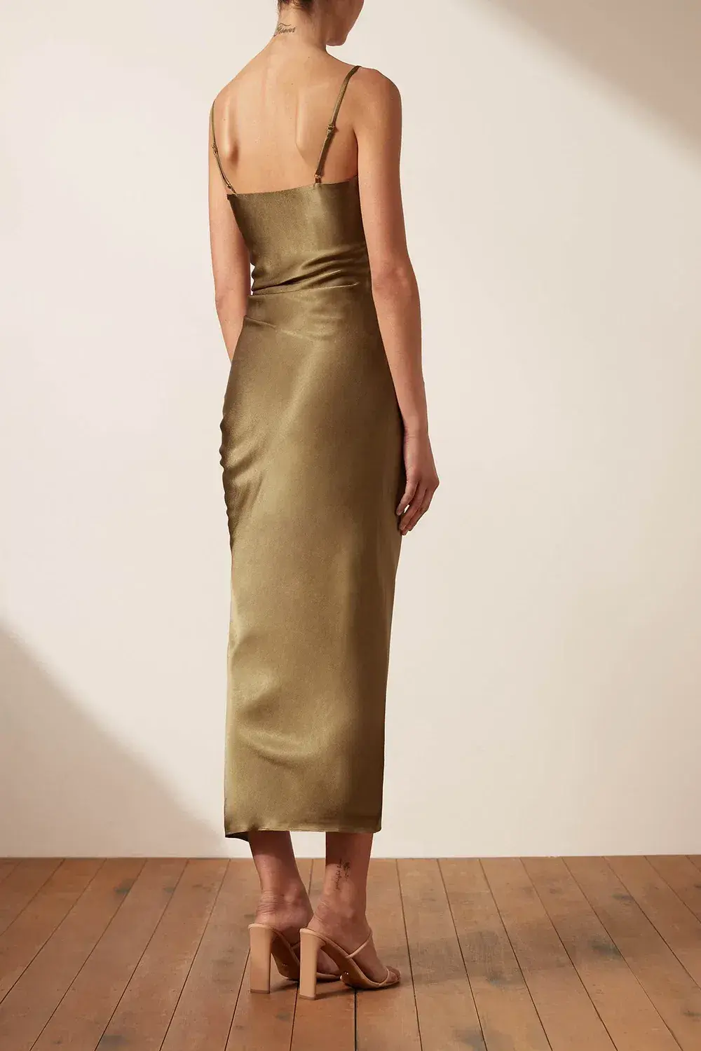Shona Joy Thalia Bias Ruched Midi Dress Cumin Green Size 10 for rent on The Volte - main image