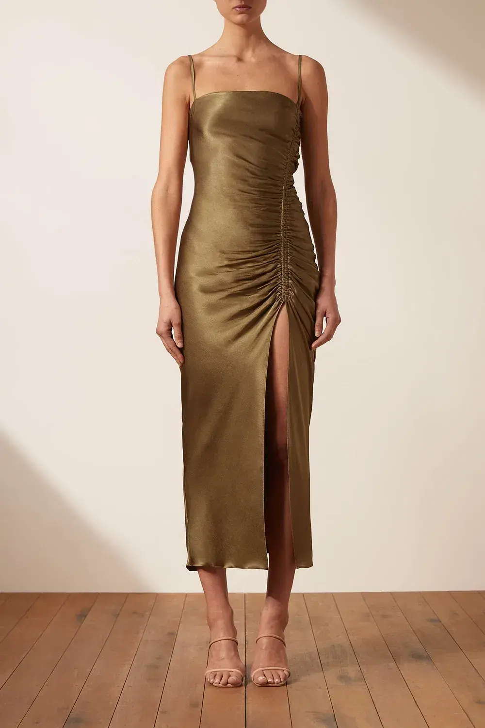 Shona Joy Thalia Bias Ruched Midi Dress Cumin Green Size 10 for rent on The Volte - main image