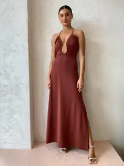 Sonya Moda Knitted Keyhole Gown in Spice Brown Size 10