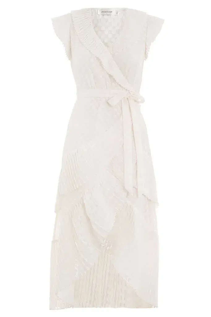 Zimmermann Polka Dot Plissé Wrap Midi Dress Off White Size 6 for rent on The Volte - main image